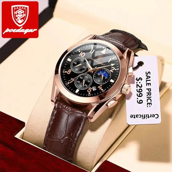 POEDAGAR Men's Luxury Sport Business Waterproof Quartz Wristwatch Rose Gold with Luminous Leather Band Top Fashionable