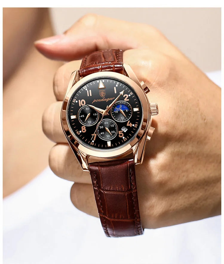 POEDAGAR Men's Luxury Sport Business Waterproof Quartz Wristwatch Rose Gold with Luminous Leather Band Top Fashionable
