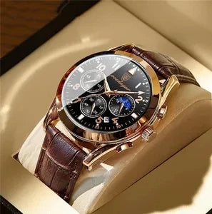 POEDAGAR Men's Luxury Sport Business Waterproof Quartz Wristwatch Rose Gold with Luminous Leather Band Top Fashionable