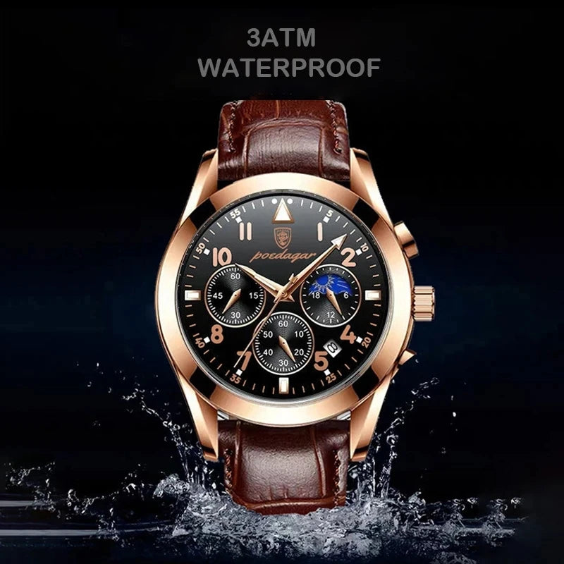 POEDAGAR Men's Luxury Sport Business Waterproof Quartz Wristwatch Rose Gold with Luminous Leather Band Top Fashionable