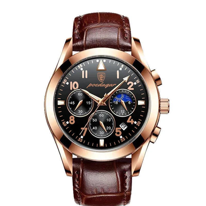 POEDAGAR Men's Luxury Sport Business Waterproof Quartz Wristwatch Rose Gold with Luminous Leather Band Top Fashionable