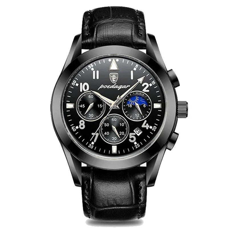 POEDAGAR Men's Luxury Sport Business Waterproof Quartz Wristwatch Rose Gold with Luminous Leather Band Top Fashionable