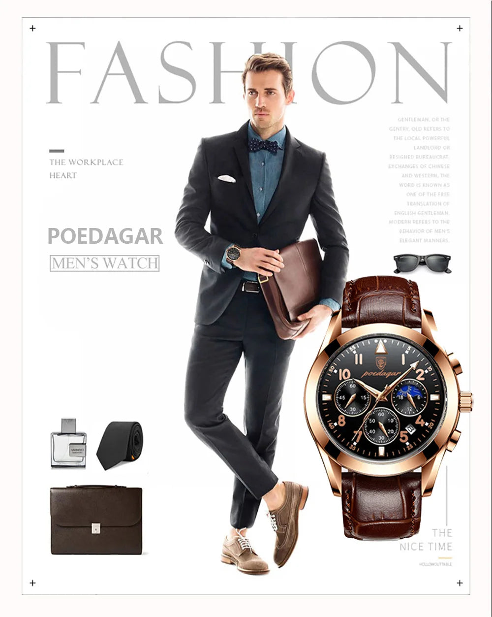 POEDAGAR Men's Luxury Sport Business Waterproof Quartz Wristwatch Rose Gold with Luminous Leather Band Top Fashionable