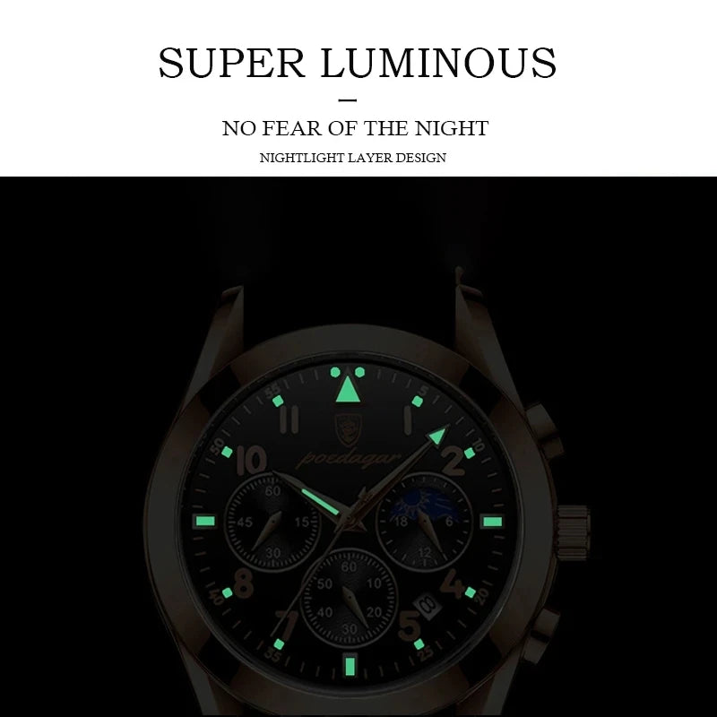 POEDAGAR Men's Luxury Sport Business Waterproof Quartz Wristwatch Rose Gold with Luminous Leather Band Top Fashionable