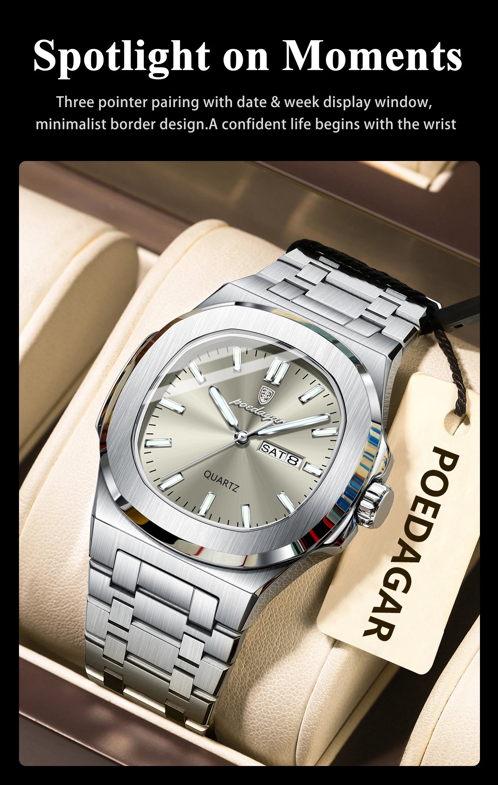 POEDAGAR Original Fashion Men's Watches Waterproof Luminous Date Week Men Watch Stainless Steel Business Luxury Quartz Man Watch