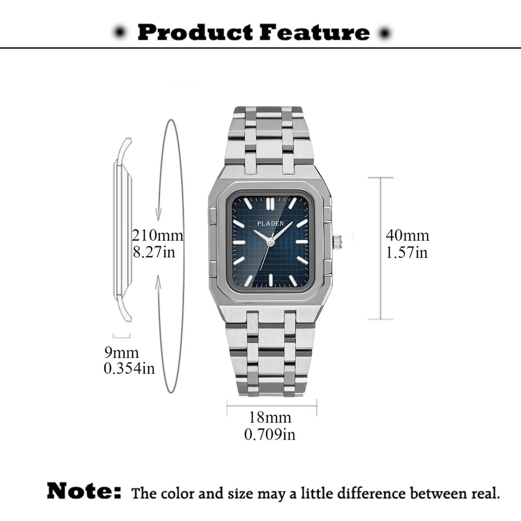PLADEN NEW Rectangular Business Watches forMen 2025 Fashion Brand Quartz Stainless Steel Band Wristwatch Male Clock For Gift