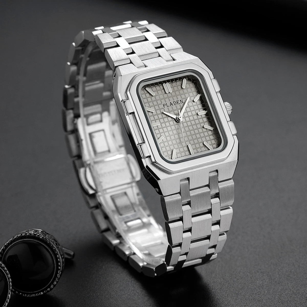PLADEN NEW Rectangular Business Watches forMen 2025 Fashion Brand Quartz Stainless Steel Band Wristwatch Male Clock For Gift