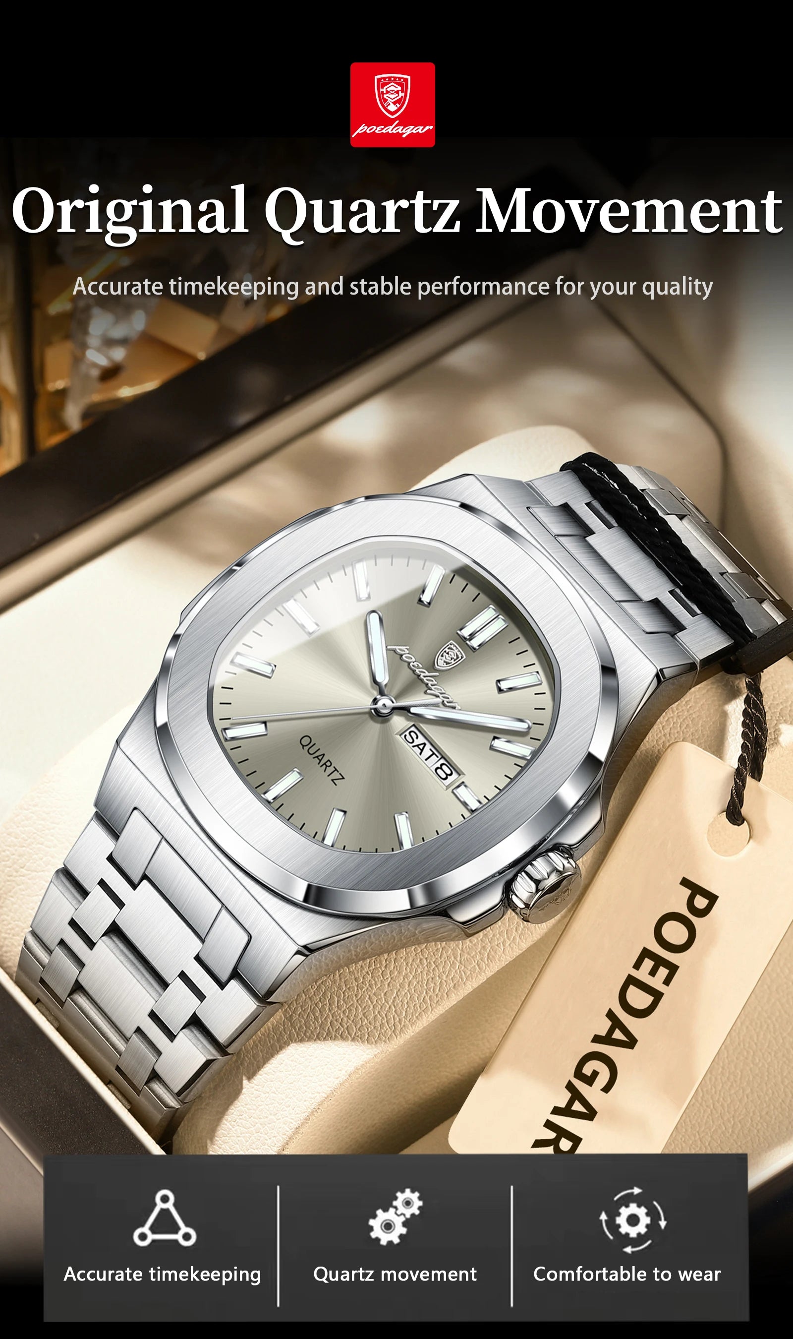 POEDAGAR Original Fashion Men's Watches Waterproof Luminous Date Week Men Watch Stainless Steel Business Luxury Quartz Man Watch
