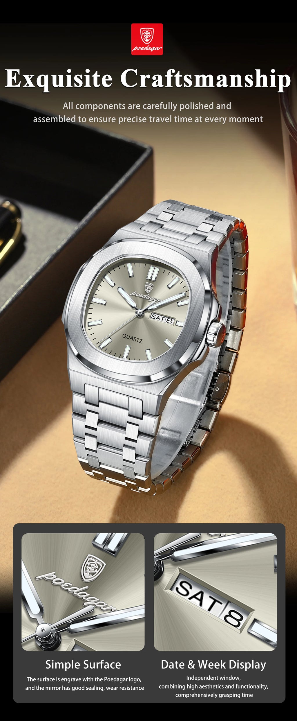 POEDAGAR Original Fashion Men's Watches Waterproof Luminous Date Week Men Watch Stainless Steel Business Luxury Quartz Man Watch