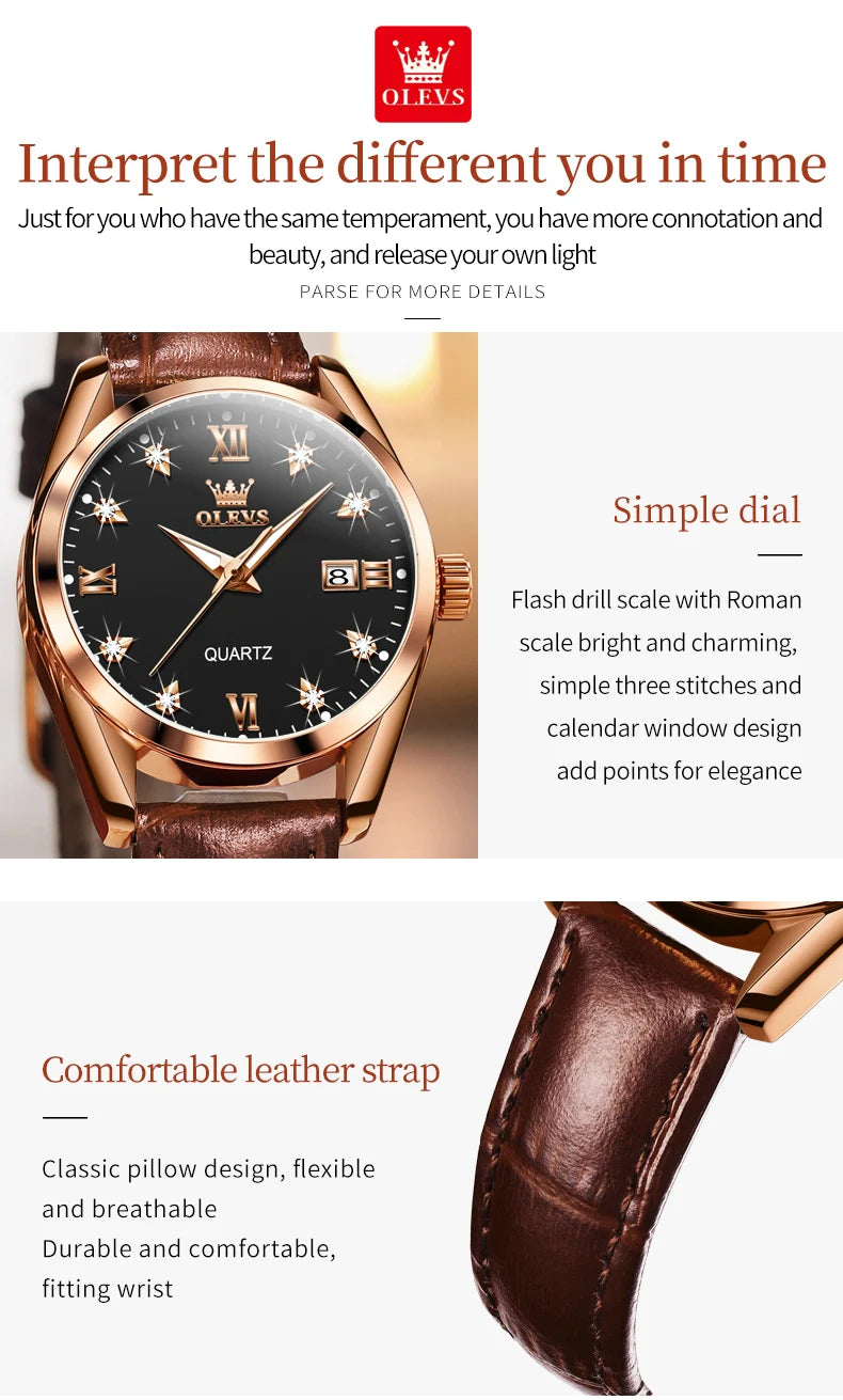 OLEVS 5522 Womens Watch Elegant Luxury Quartz Watch Scale Waterproof Luminous Automatic Date Ladies Belt Watch Gifts Original