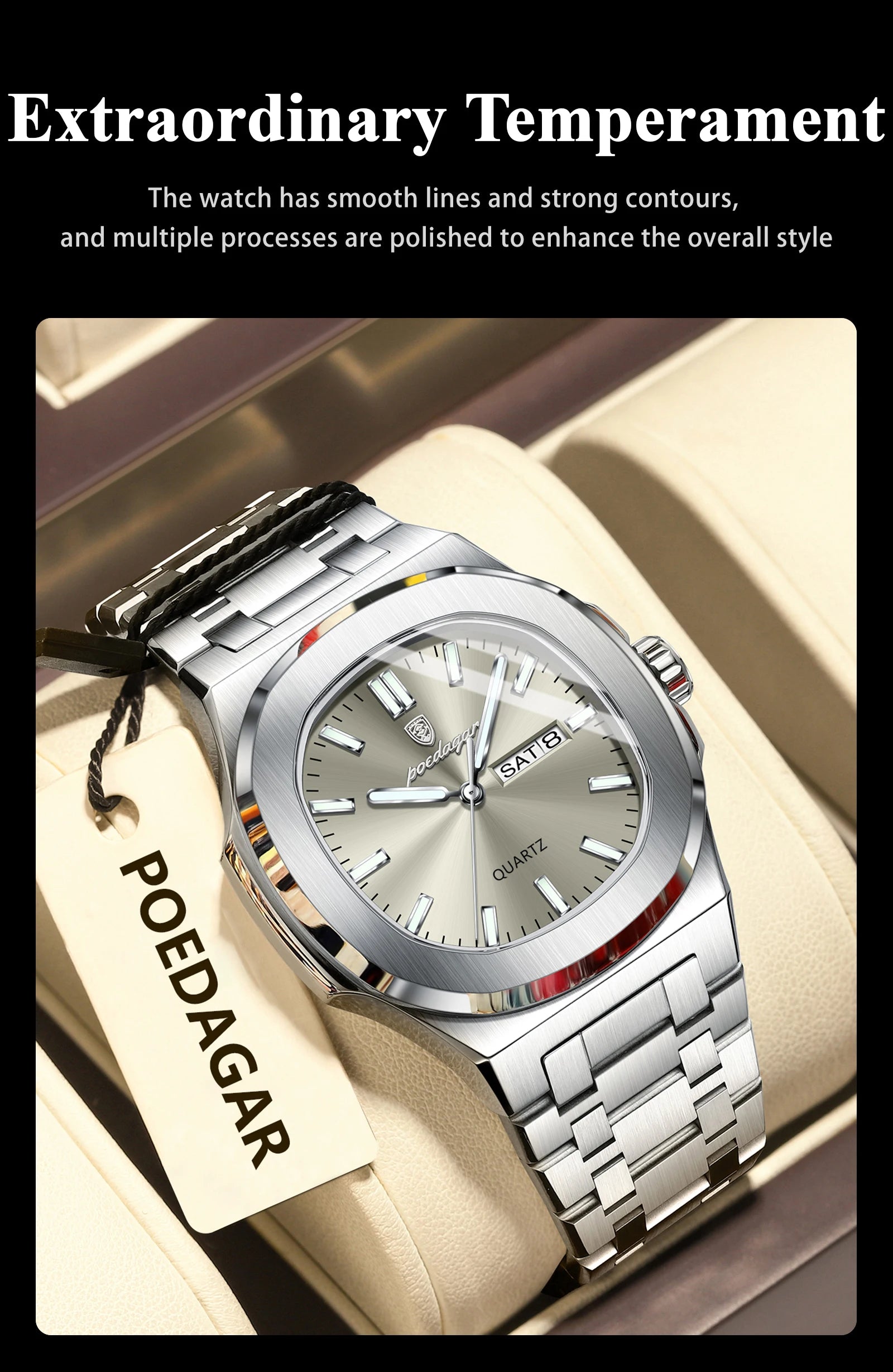 POEDAGAR Original Fashion Men's Watches Waterproof Luminous Date Week Men Watch Stainless Steel Business Luxury Quartz Man Watch