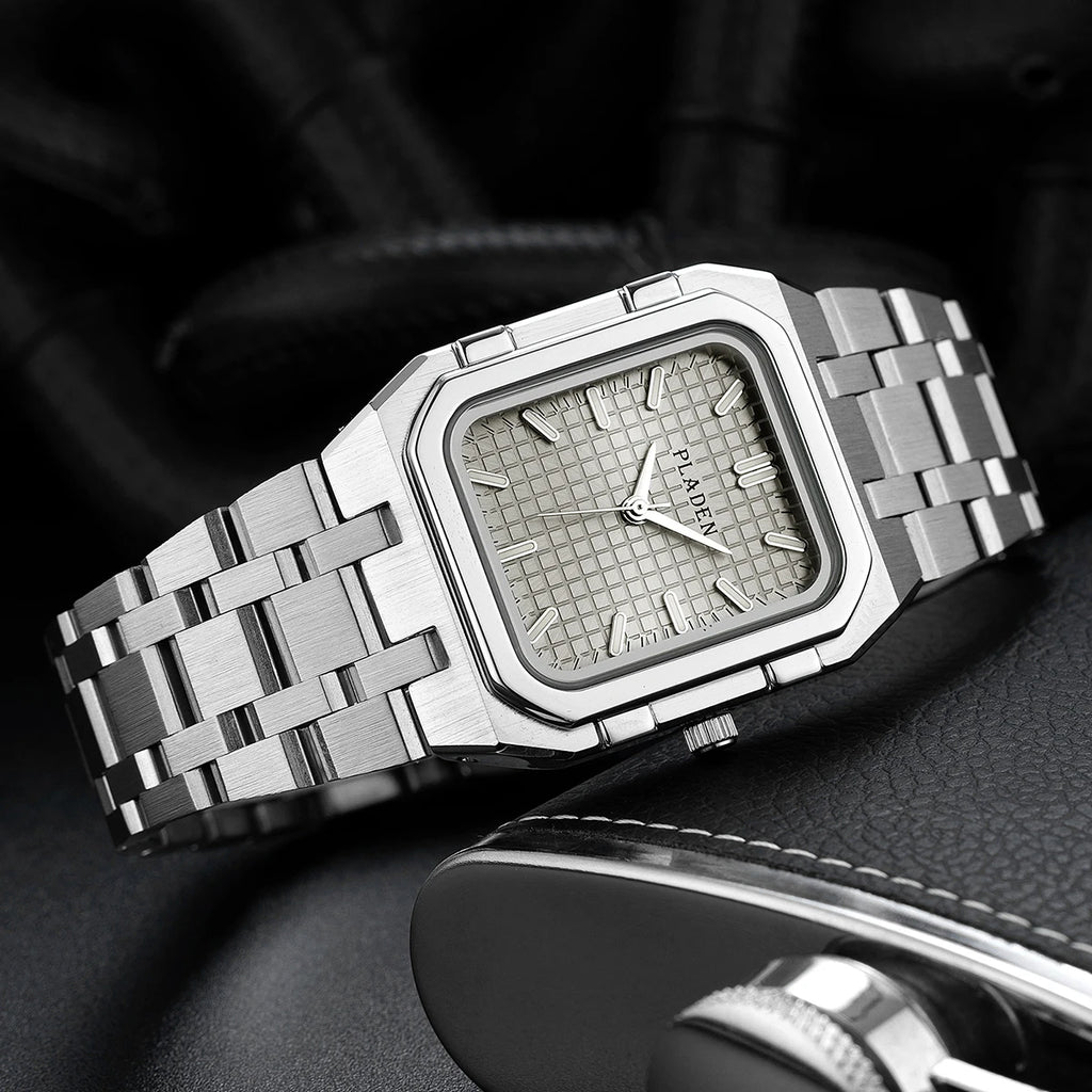 PLADEN NEW Rectangular Business Watches forMen 2025 Fashion Brand Quartz Stainless Steel Band Wristwatch Male Clock For Gift