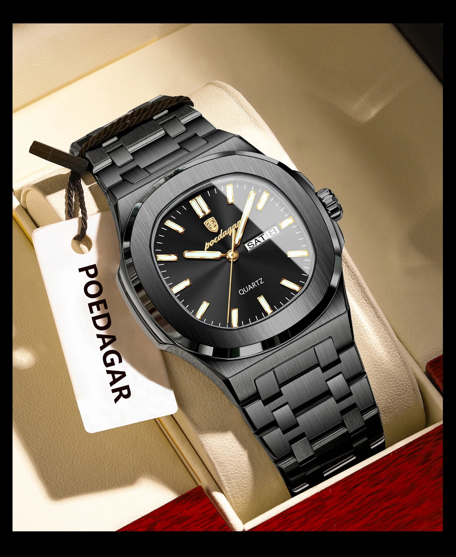 POEDAGAR Luxury Square Men's Watches Waterproof Luminous Date Week Men Watch Stainless Steel Fashion Quartz Man Wristwatch Reloj