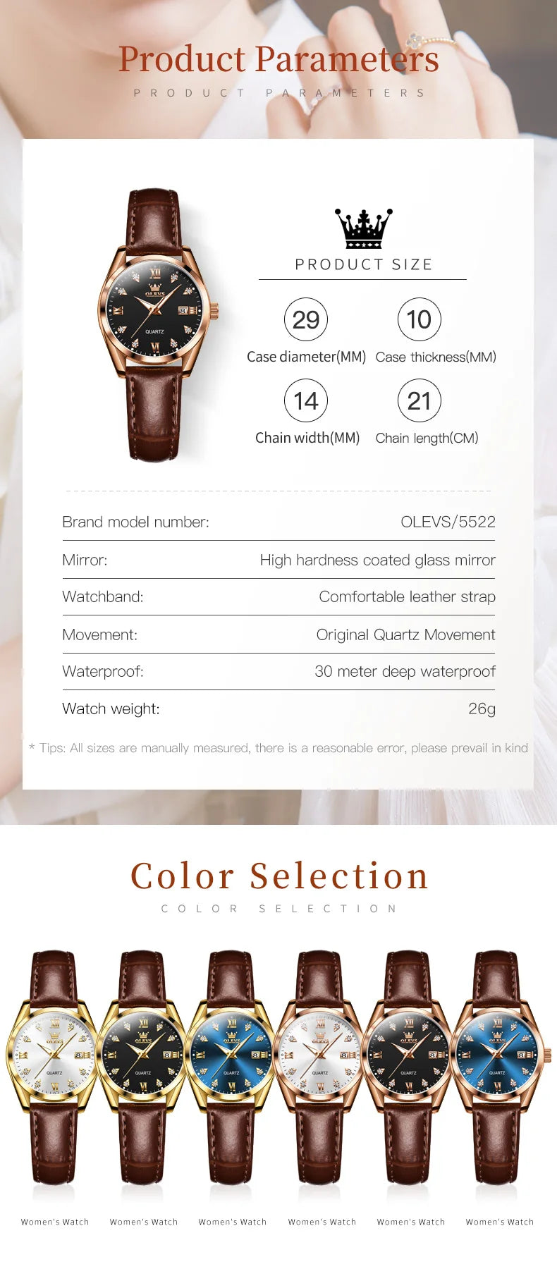 OLEVS 5522 Womens Watch Elegant Luxury Quartz Watch Scale Waterproof Luminous Automatic Date Ladies Belt Watch Gifts Original