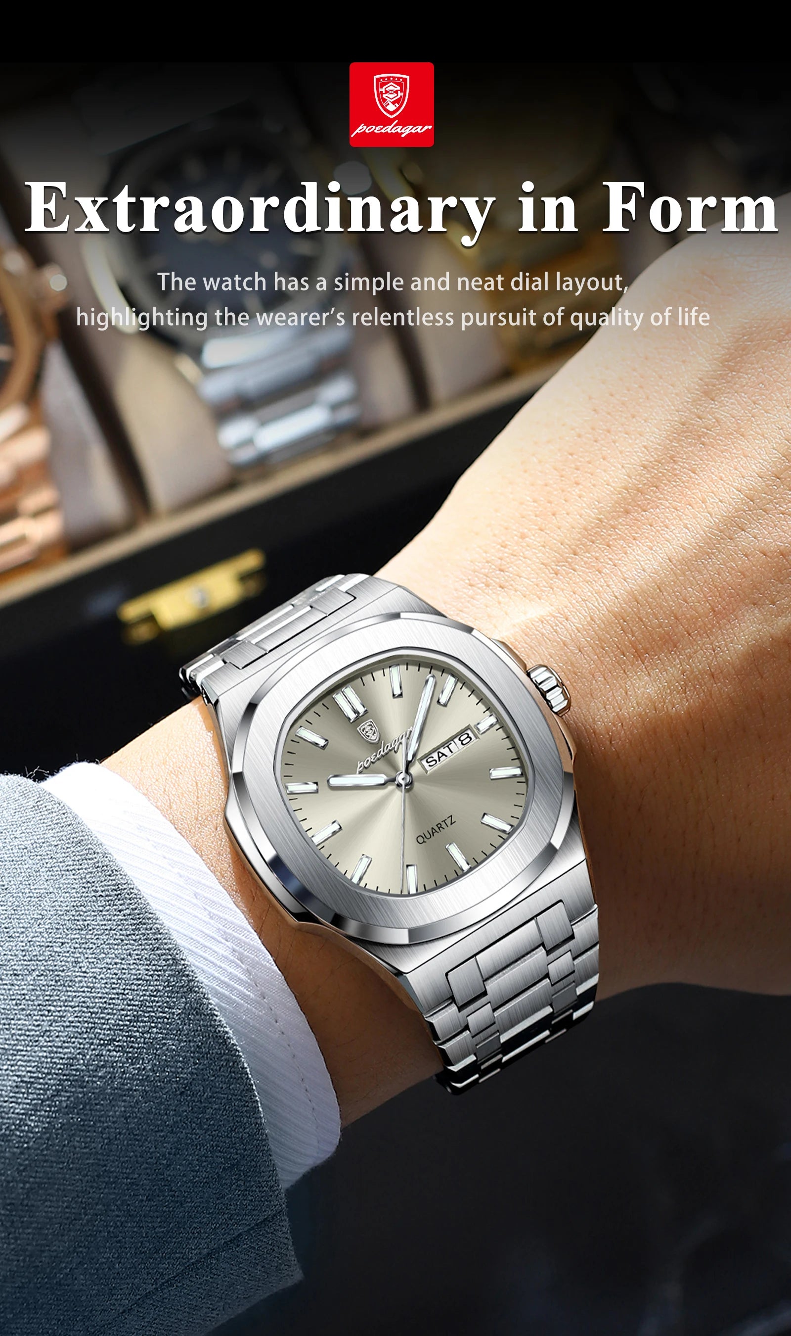 POEDAGAR Original Fashion Men's Watches Waterproof Luminous Date Week Men Watch Stainless Steel Business Luxury Quartz Man Watch