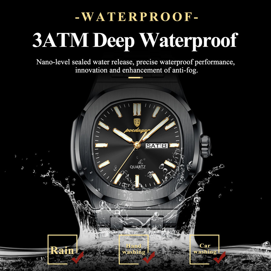 POEDAGAR Luxury Square Men's Watches Waterproof Luminous Date Week Men Watch Stainless Steel Fashion Quartz Man Wristwatch Reloj